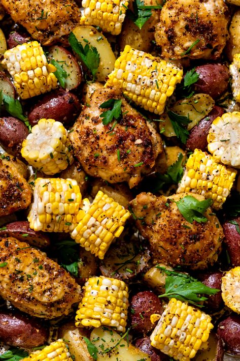 Chicken And Corn On The Cob, Chicken Corn And Potatoes, Chicken Corn Potatoes, Grilled Chicken And Potatoes Recipes, Oven Chicken And Potatoes, Sheet Pan Chicken And Potatoes, Potato Sheet Pan, Corn And Potatoes, Fall Dinners