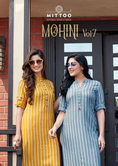 Mittoo Presenting Mohini Vol-7 Casual Wear Kurti With Bottom Collection Online From Fashion GoGirls At Wholesale Price. Kurti Dizain New, Strip Kurti Designs Latest, Strips Kurti Design, Latest Stitched Kurti Designs, Lace Pattern Kurti, Straight Kurti Designs, New Dress Pattern, Stylish Kurtis Design, New Kurti Designs