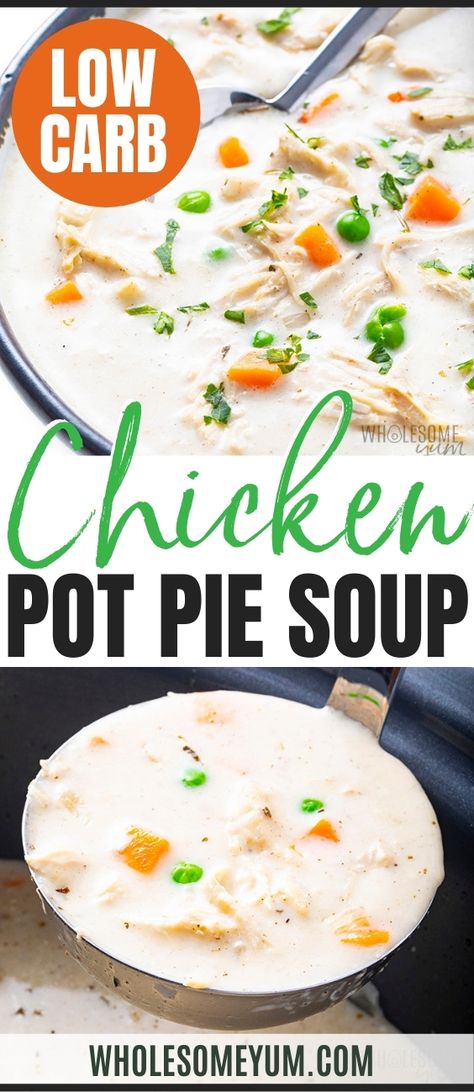 Crock Pot chicken pot pie soup is all the comfort of a pot pie, but much easier! This slow cooker chicken pot pie soup recipe is super creamy, healthy, and naturally low carb. #wholesomeyum Soup Keto Recipes, Healthy Chicken Pot Pie Soup, Gluten Free Chicken Pot Pie, Paleo Chicken Pot Pie, Chicken Pot Pie Soup Recipe, Creamy Cauliflower Sauce, Easy Healthy Chicken, Crockpot Chicken Pot Pie, Healthy Chicken Pot Pie