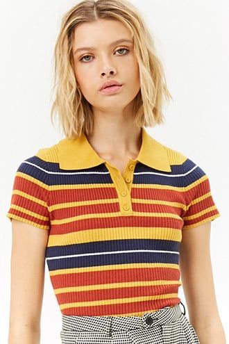 Women�s 70s Striped Ribbed Polo Shirt Retro Colors Polo Shirt Outfit Women's, Polo Shirt Outfit, Outfits With Striped Shirts, Polo Shirt Outfits, Polo Outfit, 70s Shirts, Look Casual Chic, 70s Outfits, Stripe Outfits