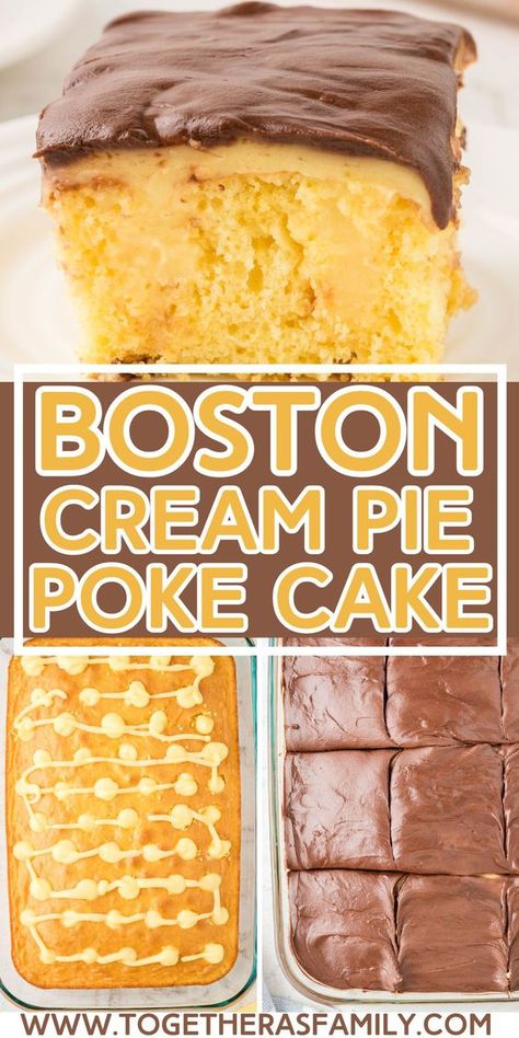 Boston Poke Cake Recipe, Easy Cake Recipes From Box Cake Mixes, Easy Yellow Cake Mix Desserts, Cinnamon Pudding Cake, Boston Crème Poke Cake, Fudge Vanilla Poke Cake, Cake Made With Pudding Mix Boxes, Poke Cake Recipes Yellow Cake, Yellow Cake Poke Cake