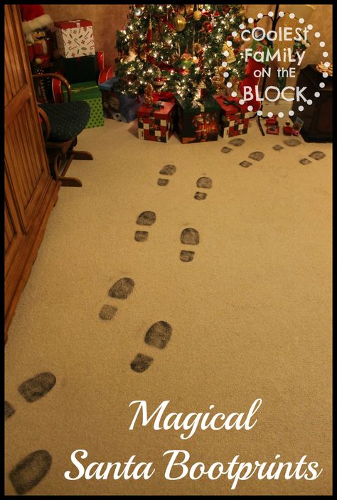 Santa leaves his sooty bootprints on Christmas morning! Santa Prints On Floor, Santa Feet Print, Santa Foot Prints On Floor Diy, Santa Boot Prints, Santa Claus Footprints, Santa Set Up Christmas Morning, Santa Footprint Ideas, Christmas Morning Traditions, Santa Footprints