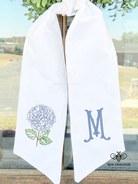 Hydrangea Wreath Sash Monogram, Spring Front Door, Summer Wreath Sash, Baby or Bridal Shower, Mother's Day Gift Ideas, Wedding Venue - Etsy Boxwood Wreath With Sash, Monogrammed Wreath Sash, Wreath Sash Sewing Pattern, Fall Wreath Sash, Wreath Sash Ideas, Wreath Sash Pattern, Wreath Scarves, Wreath With Sash, Wreath Scarf