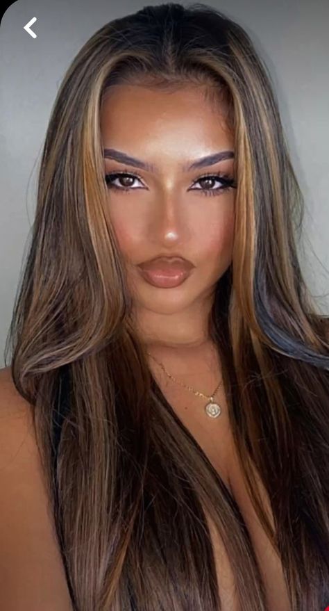 Balyage Long Hair Black Women, Highlight Around Face, Hair Color With Skin Tone, Honey Brown Hair With Blonde Highlights, Brown And Blonde Chunky Highlights, Hair Matching Skin Tone, Honey Blonde Highlights On Black Women, Brown Hair With Chunky Blonde Highlights, Brown Hair Inspo Color