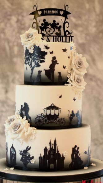 Disney Silhouette Wedding Cake, Wedding Cake Disney Theme, Disney Wedding Cake Designs, Disney Theme Wedding Cake, Disney Inspired Wedding Cakes, Disney Themed Wedding Cake, Dark Disney Wedding, Wedding Cakes Disney, Unique Wedding Themes Creative