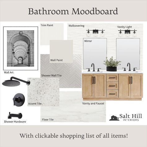 Scandinavian Bathroom Mood Board, Modern Farmhouse Bathroom Mood Board, Interior Design Mood Board Bathroom, Pure Salt Interiors Bathroom, Black White And Wood Bathroom, Bathroom Vision Board, Modern Bathroom Mood Board, Master Bath Mood Board, Interior Design Mood Board Inspiration