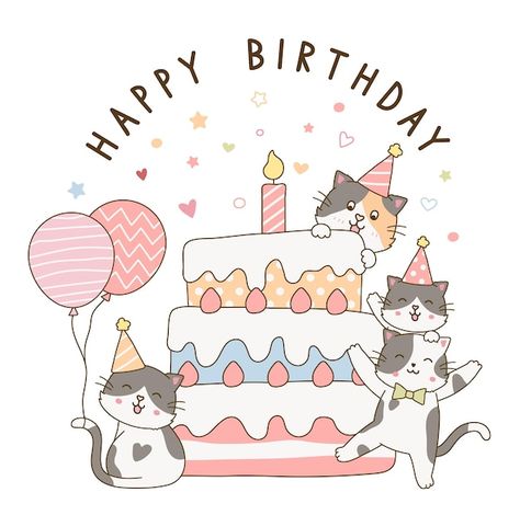 Drawing For Birthday Art, Happy Birthday Postcard Ideas, Cat Birthday Illustration, Happy Birthday Art Illustrators, Birthday Postcards Ideas, Cartoon Birthday Cake Drawing, Cute Birthday Posters, Happy Birthday Cats Cute, Happy Birthday Cute Images