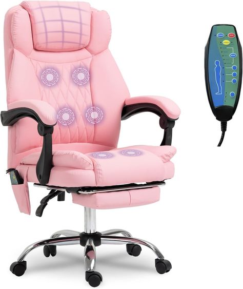 PRICES MAY VARY. ✅【Adjustable Executive Chair】- Adjusting your backrest from 90°- 145°， you may easily adjust your backrest to your favorite position, the seat height adjusts from 19"- 23" for you to adjust to the ideal height. Retractable footrest allows you to relax during a busy workday. The chair easily swivels 360 degrees to get the maximum use of your workspace without strain. ✅【Ergonomic Desgin】- The Ergonomic office chair is made of faux leather, coming with double layer soft cushion can Pink Chair Office, Modern Office Desk Decor, Pink And Green Office Decor, Dream House Decor Office, Cute House Decor Bedroom, Pink Cubicle Decor Work Spaces, Home Office Amazon Finds, Cute Office Chairs, Kawaii Office Decor