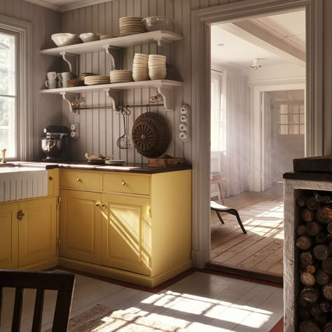 Swedish Cabin, Swedish Country House, Cupboard Colors, Swedish Kitchen, Swedish Cottage, Country House Interior, Cottage Interior, Swedish House, Yellow Kitchen