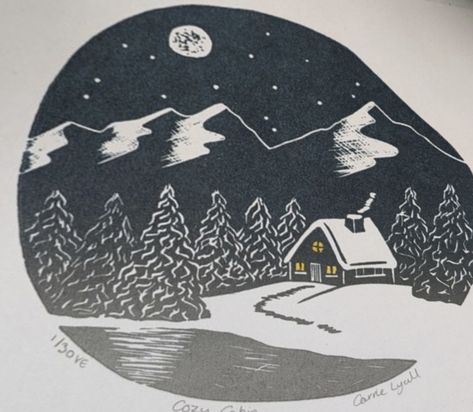 Cozy Cabin Christmas, Nordic Cabin, Print Christmas Card, Lino Art, Watercolour Ink, Cabin Christmas, British Countryside, Stone Wrapping, Personalised Prints