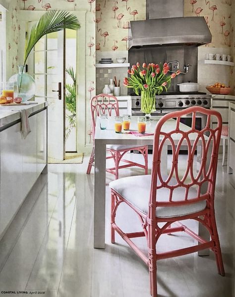 Mary McGee kitchen design with flamingo wallpaper and hot pink rattan chairs Folding Chair Makeover, Pink Rattan, White Kitchen Chairs, Painted Rattan, Mcgee Kitchen, Salon Chairs For Sale, Big Comfy Chair, Restoration Hardware Dining Chairs, Comfortable Living Room Chairs