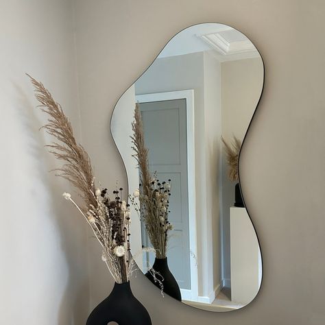 Neutral Mirrors, Squiggly Mirror, Pond Mirror, Modern Mirror Design, Curvy Mirror, Abstract Mirror, Asymmetrical Mirror, Leather Sofa Living Room, Couch Design