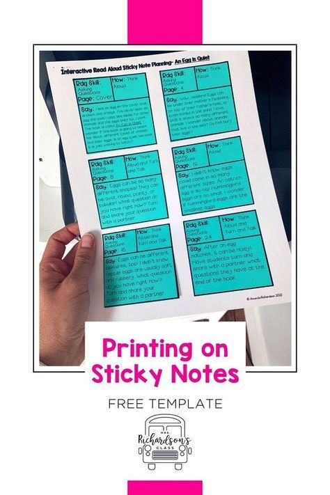 Who doesn't love a good teacher hack? Use this step-by-step tutorial to learn how to print on sticky notes to make life easier in the classroom. You can print on sticky notes to save time on parent communication, anecdotal notes, checklists, and rubrics. To help you get started, I have a FREE sticky notes template printable that you can use to mark your teaching points throughout your interactive read alouds. Just print the template, fill out your sticky notes, and place them in your book. a Sticky Notes Template, Print On Sticky Notes, Sticky Note Template, Notes Template Printable, Anecdotal Notes, Writing Conventions, Guided Reading Lessons, Interactive Read Aloud, Good Teacher