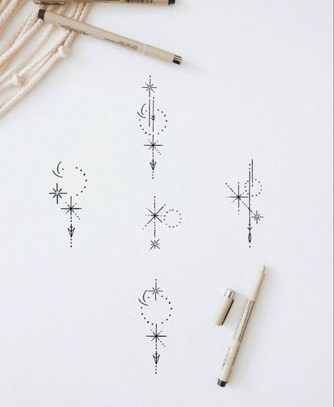 Star Geometric Tattoo, Boho Celestial Tattoo, Whistler Tattoo Ideas, Celestial Line Art Tattoo, Small Element Tattoos, Feminine Line Tattoos, Minimalist Celestial Tattoo, Astrology Stars Tattoo, Spine Tattoos Stars