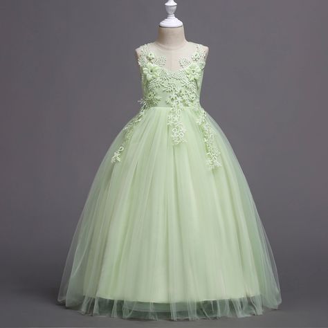 Elegant Floral Decor Princess Dress For Girls Soup Wedding, Junior Pageant Dresses, Gardenia Wedding, Green Flower Girl Dresses, Mint Green Flowers, Toddler Princess Dress, Princesa Tiana, Long Flower Girl Dresses, Quinceañera Ideas