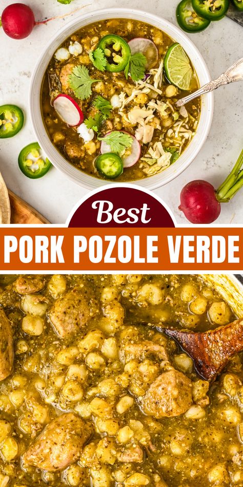 Pork Pozole Recipe, Pork Pozole Verde, Pozole Recipe Pork, Pozole Verde Recipe, Pork Verde, Posole Verde, Pork Pozole, Hominy Soup, Pork Posole