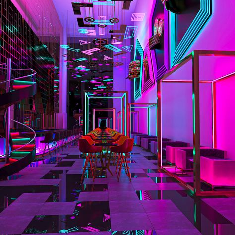 Concept NEON Bar on Behance Aesthetic Lounge, Night Club Aesthetic, Aesthetic Neon, Nightclub Aesthetic, Nightclub Bar, Nightclub Design, Only Aesthetic, New Retro Wave, Bar Interior