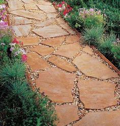 Nice stone -- don't like the edges or the sheer number of flagstones.... 3 or 4 stones across is too cluttered Flagstone Pathway, Arizona Backyard, Flagstone Walkway, Flagstone Path, Paver Walkway, Landscaping Garden, Stone Walkway, Garden Walkway, Stone Path