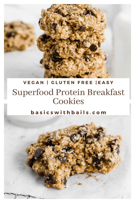 These superfood breakfast cookies are crunchy, nutty, and super yummy! The recipe is gluten-free, easy, and ready in under 20 minutes. They contains pumpkin seeds, shredded coconut, dark chocolate chips, oats, protein powder, and other healthy ingredients. #healthy #oatmeal #glutenfree #easyrecipes #easycookies #breakfastcookies #proteincookies Oatmeal Protein Cookies, Protein Breakfast Cookies, Breakfast Cookies Gluten Free, Protein Powder Cookies, Oats Protein, Oatmeal Protein, Superfood Breakfast, Healthy Gluten Free Breakfast, Oatmeal Breakfast Cookies