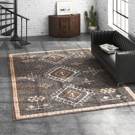 Steelside™ Mickie Southwestern Handmade Flatweave Jute Black/Ivory Area Rug & Reviews | Wayfair Southwest Boho Rug, Black Fireplace Rug, Western Area Rugs Living Rooms, Southwestern Area Rug, Cabin Rugs Living Room, Southwest Cabin Decor, Western Gothic Decor Living Room, Southwestern Rugs Living Room, Southwestern Decorating Living Room