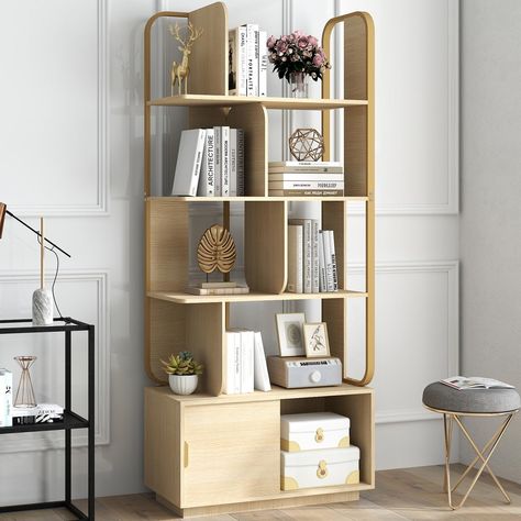 PRICES MAY VARY. 📒【Unique Design】This 74 inch geometric bookcase adds a touch of modern sophistication to your living space,with its unique geometric shape and sleek metal frame,for displaying your favorite books and decorative items. 📒【Abundant Storage Space】The 4 tier bookshelf can maximize your storage and display space,with 8 open shelving units and 2 convenient storage cabinets with 1 sliding door,plenty of storage space,ideal for keeping your things organized and clutter-free. 📒【Metal F Library Room Design, Bookcase Modern, Geometric Bookcase, Wood Storage Shelves, Shelves For Bedroom, Home Library Rooms, Open Shelving Units, Modern Bookshelf, Wood Bookshelves