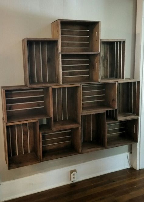 Floating crate shelving                                                                                                                                                                                 More Ikea Crates, Wooden Crate Shelves, Diy Wooden Crate, Diy Storage Shelves, Crate Bookshelf, Bookshelf Ideas, Pallet Crates, Crate Shelves, Crate Furniture