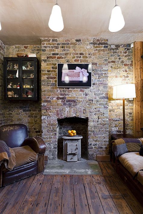 Exposed Brick Fireplace, Exposed Brick Fireplaces, Wood Front Doors, Georgian Homes, Kitchen Island Design, Built In Bookcase, Brick Fireplace, Fireplace Wall, Exposed Brick