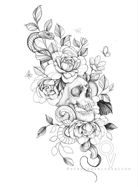 @otavioblacktattoo Snake Tattoo Flowers, Botanical Skull Tattoo, Skull And Flowers Tattoo Design, Snake With Flowers Tattoo, Snake And Skull Tattoo, Skull Flower Tattoo, Floral Skull Tattoos, Skull Snake, Bison Skull