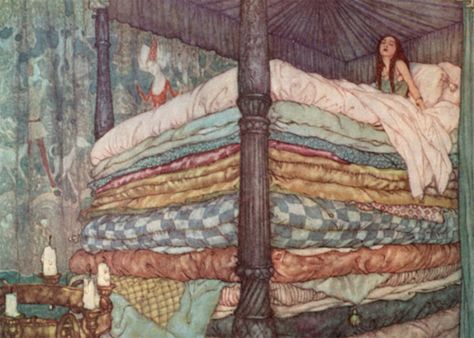 The Princess and the Pea by Edmund Dulac Hans Andersen, Edmund Dulac, Real Princess, Princess And The Pea, Fairytale Illustration, Fairytale Art, Art Quilt, Art Et Illustration, Hans Christian