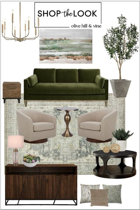 Green Color Palette Living Room, Living Room Mood Board, Green Couch Living Room, Sage Green Living Room, Green Sofa Living Room, Room Mood Board, Green Living Room Decor, Earthy Living Room, Color Palette Living Room