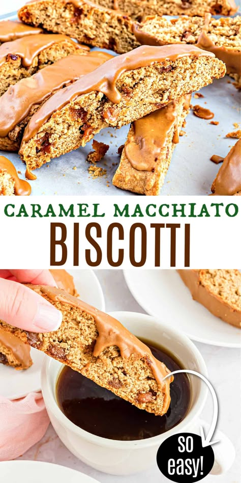 Attention, coffee lovers! Caramel Macchiato Biscotti are calling. A hint of espresso is baked right into crunch caramel-covered cookies. You can have your coffee, and eat it too! Banana Biscotti Recipe Easy, Fall Biscotti Flavors, Biscotti Recipe Christmas, Caramel Macchiato Cookies, Salted Caramel Biscotti, Biscotti Gift Packaging, Coffee Biscotti Recipe, Biscotti Flavor Ideas, Fall Biscotti Recipe