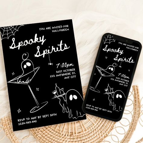 It's time for spooky spirits for a Halloween party! 👻🍸 This hand drawn style scribble Halloween invitation template, will prepare you for a Halloween cocktail party like no other! This Halloween invite set is easy to edit, ready for your upcoming ghouls night out or Halloween drinks. Planning a Halloween gathering just got easier! With these handdrawn style stunning spooky season themed handwritten invitation editable templates. The perfect way to plan a spooky party. This black and white ... Ghouls Night Out, Spooky Girls Night, Halloween Cocktail Party, Ghouls Night, Halloween Invitation Template, Halloween Invite, Halloween Cocktail, Spooky Party, Halloween Invitation