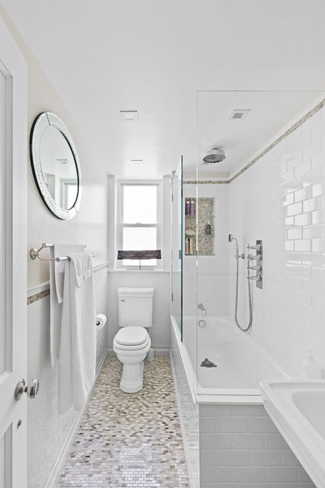 Claudia knew she didn’t need to change the footprint of her bathroom to incorporate the many features she wanted here. The tub came out and was replaced with a slightly larger and more modern German piece to coincide with new spa accessories. Small Narrow Bathroom, Long Narrow Bathroom, Small Bathroom With Tub, Ideas Baños, Narrow Bathroom, Modern Farmhouse Bathroom, Bathroom Tub, Small Bath, Tub Shower Combo