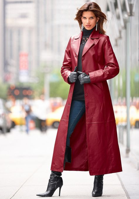 red leather long coat Trent Coat, Leather Coat Womens, Long Leather Coat, Long Winter Coats, Leather Trench, Leather Trench Coat, Red Coat, Fall Fashion Trends, American Women