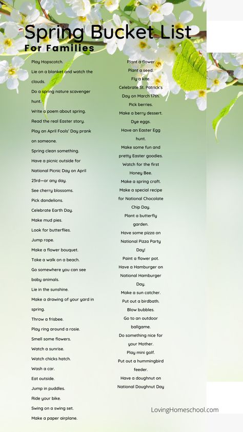 With this Spring Bucket List for Families, you will have 54 ideas for fun activities for the season. Includes links to help you plan your fun. Spring Family Activities, Make Hummingbird Food, Spring Learning Activities, Bucket List For Families, Spring Bucket List, Ideas For Fun, Easter Buckets, Earth Day Crafts, Berry Dessert