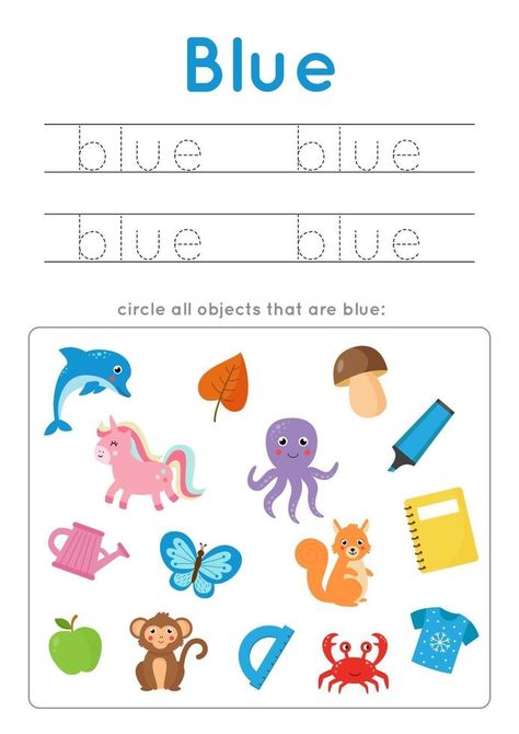 Color For Preschool, Kids Writing Practice, Color Blue Activities, Color Worksheets For Preschool, Educational Math Games, Kids Handwriting Practice, Kindergarten Colors, Math Games For Kids, Preschool Colors