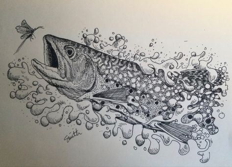 Brown Trout Drawing, Trout Tattoo Women, Brook Trout Tattoo, Fishing Drawings, Trout Drawing, Fish Sketches, Fishing Drawing, Hunting Fishing Tattoo, Trout Tattoo