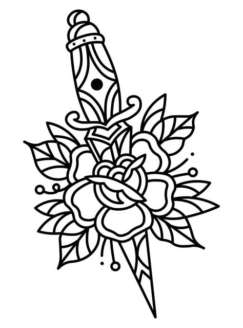 Vector Knife and Flower Traditional Tattoo Design. Flower Traditional Tattoo, Traditional Tattoo Vector, American Traditional Tattoo Design, Traditional Dagger Tattoo, Traditional Tattoo Outline, Traditional Tattoo Stencils, Traditional Tattoo Drawings, Flower Tattoo Stencils, Illusion Tattoos