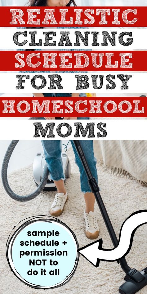 Homeschool Mom Cleaning Schedule: Are you looking for a realstic cleaning routine that doesn't have you cleaning for hours a day? Get a sample cleaning schedule designed specifically for homeschool moms, along with permission to clean LESS and to think outside the box of what mom's should do, so you can find what works best for your unique homeschool family. Homeschool Chores Schedule, Homeschool Mom Cleaning Schedule, Housecleaning Schedule, Homeschool Mom Schedule, Deep Cleaning Schedule, School Clean, Chore Schedule, Mom Checklist, Zone Cleaning