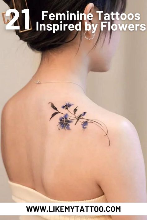 Let your personality bloom with a captivating floral tattoo designed just for you. Click to explore! Flowers With Shading Tattoo, Shoulder Tattoos For Women Unique, Lotus Blossom Tattoos, Meaningful Small Tattoos, Lifeline Tattoos, Tattoos Big, Reflection Tattoo, Blue Flower Tattoos, Feminine Shoulder Tattoos