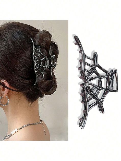 1pc Spider Web Hair Claw Clip For Women, Alloy Metal Hair Accessory With Minimalist Design, Cute Oval-Shaped Hair Clasp, Solid Color, Suitable For Age 14+, Halloween Theme - Single Piece Halloween Hair Accessories DIY Hair Styling Tools Y2k Skincare Goth Travel Essentials Foundation Organizadores Heart Powder Puff Bathroom Organizer Charm Press On Elephant Contour Cherry Vanity Valentines Day Gift For Him Ski AccessoriesI discovered amazing products on SHEIN.com, come check them out! Y2k Skincare, Spider Web Hair, Goth Travel, Halloween Hair Accessories, Metal Hair Accessories, Hair Accessories Diy, Halloween Accessories Hair, Hair Clasp, Goth Hair