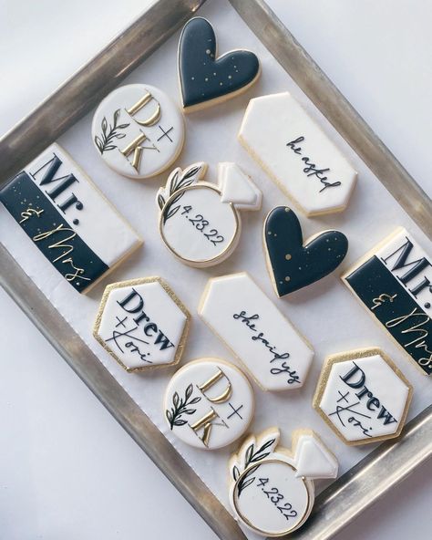 Engagement Themed Cookies, Black White Gold Wedding Cookies, Bridal Shower Cookies Black And White, Wedding Party Cookies, Black White Wedding Cookies, Black And White Wedding Cookies Decorated, She Said Yes Engagement Cookies, Wedding Reception Cookies Decorated, She Said Yes Cookies Decorated