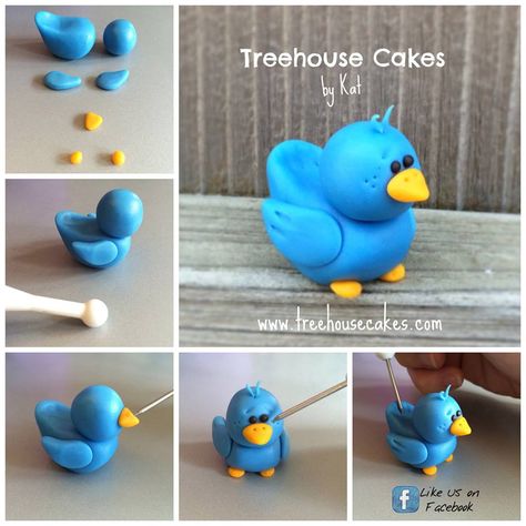 Fondant Bluebird Tutorial by Treehouse Cakes by Kat Modeling Chocolate Figures, Crea Fimo, Maluchy Montessori, Fondant Animals, Fondant Cake Toppers, ดินปั้น Polymer Clay, Fondant Tutorial, Fondant Decorations, Animal Cake