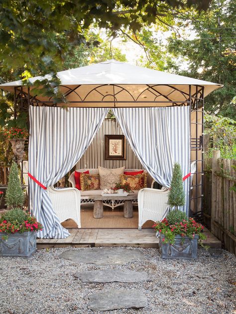 Backyard Gazebo, Cozy Patio, Budget Patio, Pergola With Roof, Patio Makeover, Backyard Living, Pergola Patio, Small Backyard Patio, Outdoor Curtains