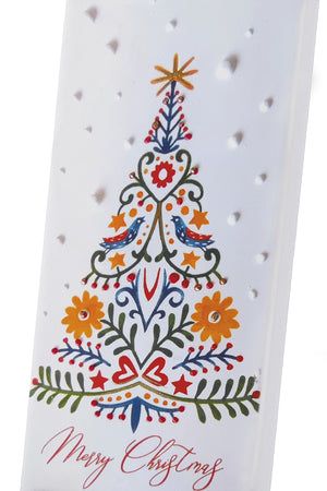 Scandinavian Folk Art Inspired Christmas Tree | Flatyz Hand Painted Candle - Flatyz Online Christmas Folk Art Illustration, Scandinavian Christmas Aesthetic, Coloured Christmas Tree, Folk Art Christmas Tree, Scandi Folk Art, Scandinavian Christmas Tree, Candles Stand, Christmas Folk Art, Scandinavian Christmas Trees