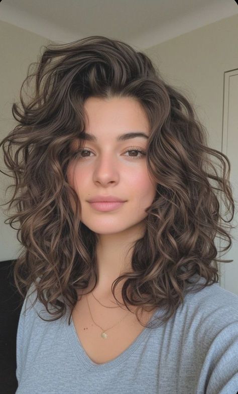 Hairstyles For Mid Length Wavy Hair, Medium Length Haircut Full Face, Cool Toned Brown Curly Hair, Short Curly Haircuts Thick Hair, Medium Length Haircut Wavy Hair Layers, Medium 2b Haircut, Perm Round Face, Collar Bone Length Curly Hair Natural, Medium Fine Curly Haircuts