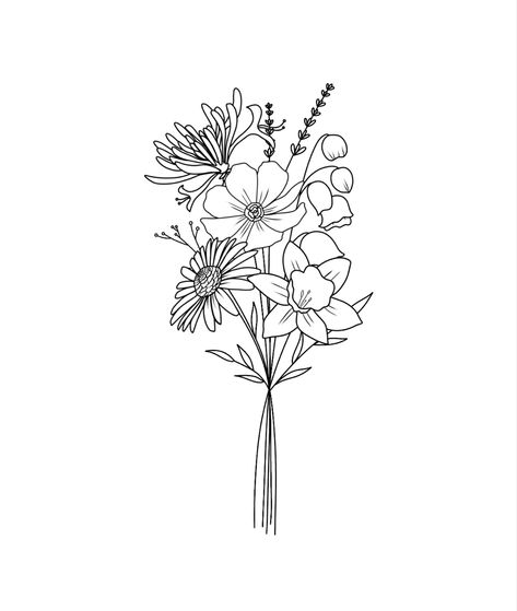 Fineline Flower Drawing, Bunch Flowers Tattoo, Line Work Bouquet Tattoo, Black And White Flower Bouquet Tattoo, Wildflower Bouquet Tattoo Colour, Wildflower Tattoo Stencil, 6 Flower Bouquet Tattoo, Wildflower Sketch Drawings, Nature Inspired Tattoos Women