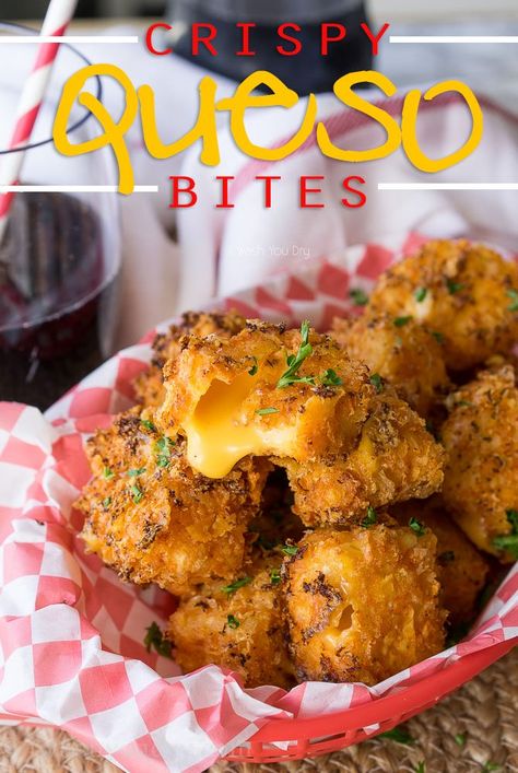 OMG! These Crispy Queso Bites are coated in nacho cheese doritos and then fried to gooey cheesy perfection! Queso Tacos, Fried Cheese Bites, Nacho Cheese Doritos, Fried Balls, Affordable Meals, Fried Cheese, Tiny Foods, Food Stand, Carnival Food