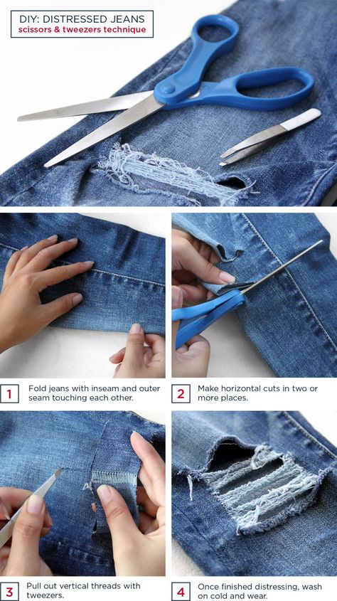 DIY distressed jeans - this site has the BEST tutorials on how to alter clothes! Destress Jeans Diy, How To Fray Bottom Of Jeans Diy, Distressing Clothes, How To Distress Jeans, Alter Clothes, Diy Distressed Jeans, Diy Ripped Jeans, Stitch Jeans, Diy Fashion Trends