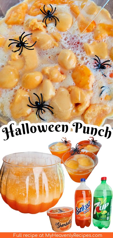 orange halloween punch Orange Halloween Punch, 3 Ingredient Punch, Easy Halloween Party Dessert, Easy Halloween Punch, Orange Sherbet Punch, Orange Punch Recipes, Halloween Punch For Kids, Punch Recipes For Kids, Best Punch Recipe